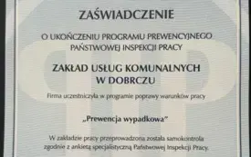 Zakład Usług Komunalnych w Dobrczu otrzymał zaświadczenie potwierdzające udział w programie &bdquo;Prewencja wypadkowa&rdquo;