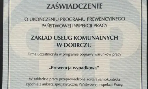 Zdjęcie do Zakład Usług Komunalnych w Dobrczu otrzymał zaświadczenie potwierdzające udział w programie &bdquo;Prewencja wypadkowa&rdquo;